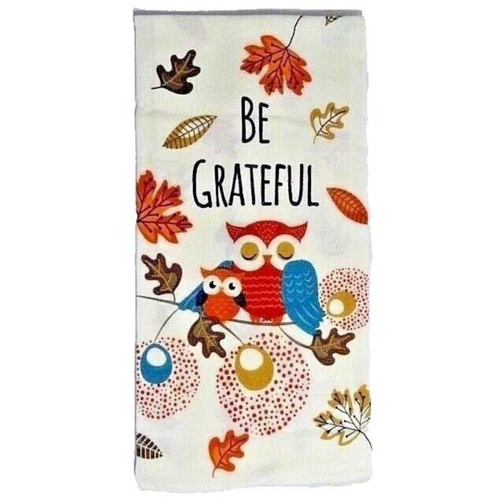 Be Grateful Owls Flour Sack Kitchen Towels 2-Piece Birds Autumn Leaves Gift NEW